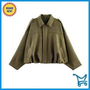 Oversized Faux Suede Bomber Jacket Y2K Streetwear Cropped Pilot Coat